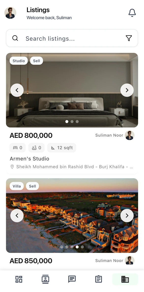 Brixit mobile app in an iPhone, showing the listings search, property cards and navigation